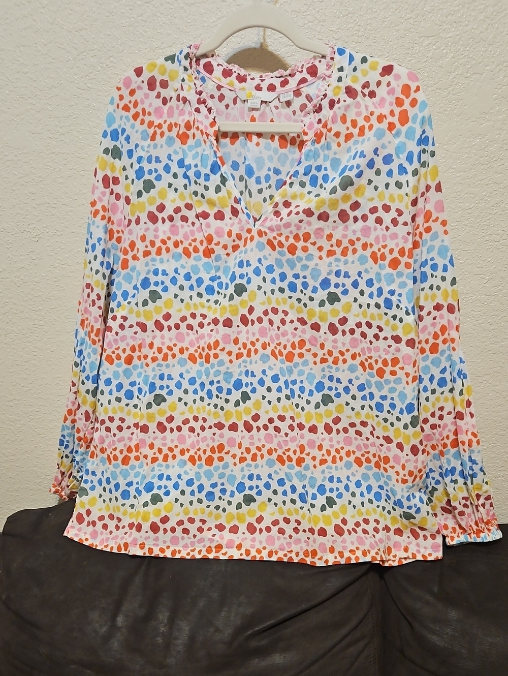 Boden White V-Neck Blouse with Multi-Color Dot Print